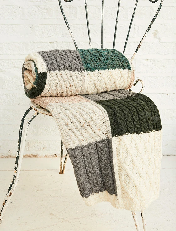 Multi-Tone Aran Patchwork Throw - White, Grey & Green