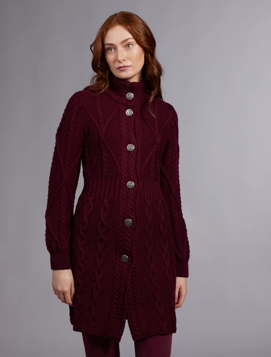 Women's Aran Long Button Cable & Diamond Coat - Wine