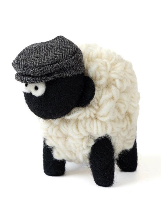 Standing Knitted Mountain Irish Sheep With Grey Flat Cap Collectible