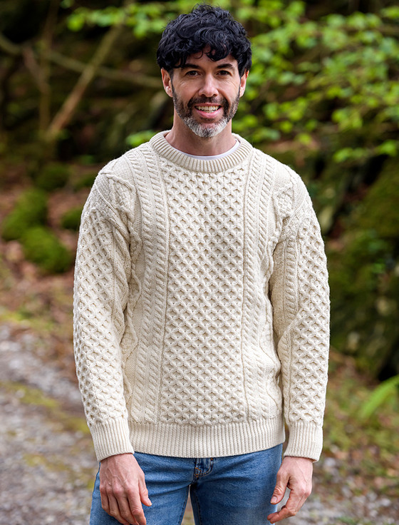 Men's Super Soft Crew Neck Aran Sweater  - Natural White
