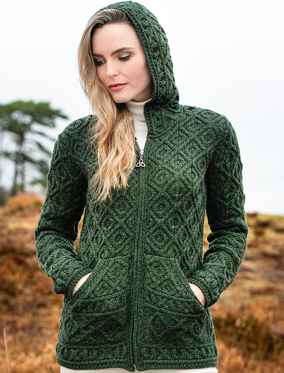 Skellig Hooded Aran Cardigan - Army Green