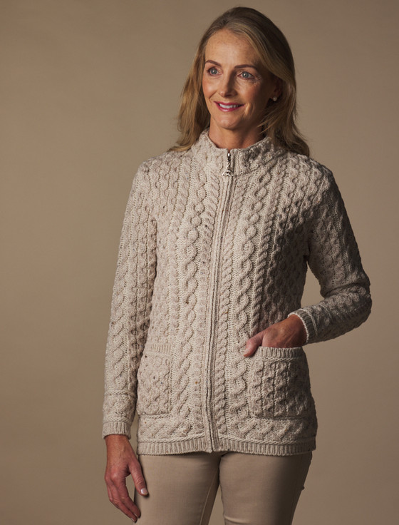 Plated Zip Aran Cardigan - Oatmeal Mix