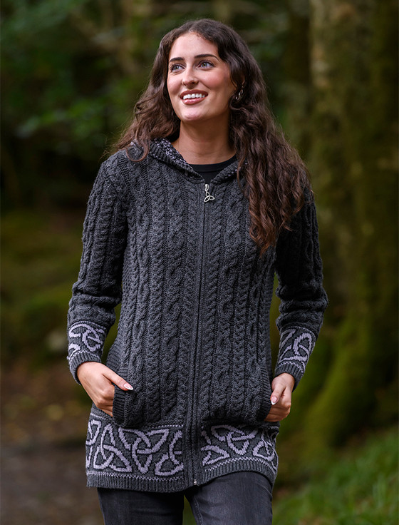 Hooded Celtic Jacquard Zip Aran Coat - Charcoal