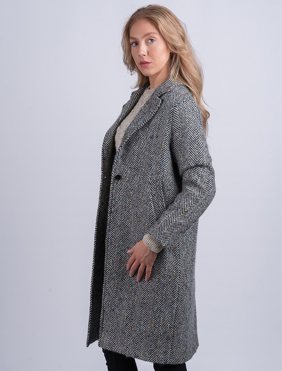 Ladies Irish Tweed City Coat - Black & Grey Herringbone | Aran