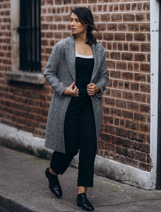 Ladies Irish Tweed City Coat - Black & Grey Herringbone