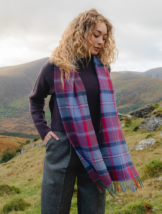 Narrow Lambswool Checked Scarf - Raspberry Lavender & Purple