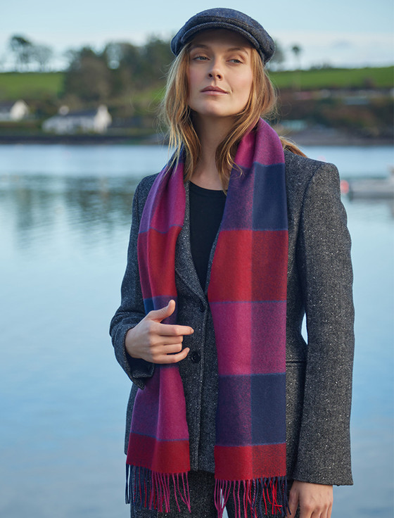 Fine Merino Plaid Scarf - Red Fushia