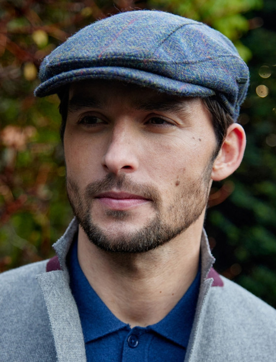 Pure Wool Tweed Driving Cap - Navy Green Windowpane