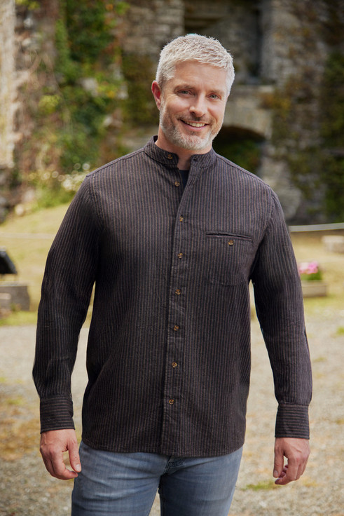 Men's Comfort Cotton Grandfather Shirt - Black with Burgundy Stripes