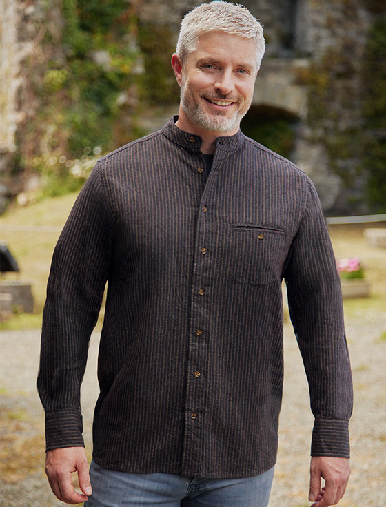 Men's Comfort Cotton Grandfather Shirt - Black with Burgundy Stripes