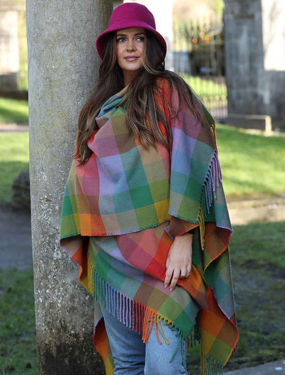 Irish Tweed Twill Fringed Ruana - Sunshine Check