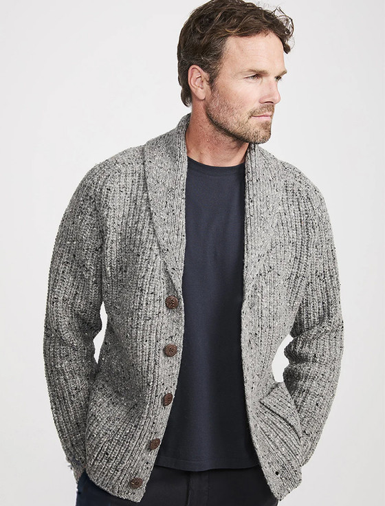 Men's Donegal Wool Rib Shawl Cardigan -Silver
