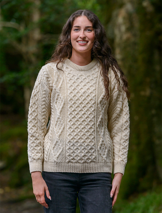 Womens Traditional Aran Wool Sweater - Natural white