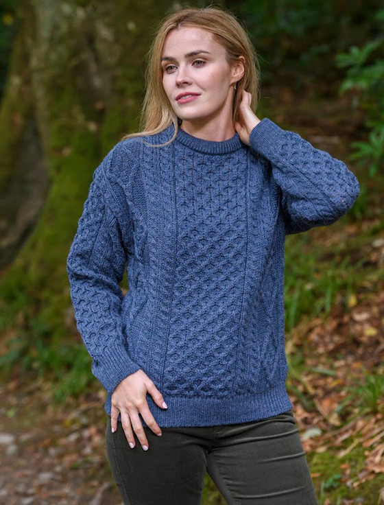Womens Traditional Aran Wool Sweater - Denim