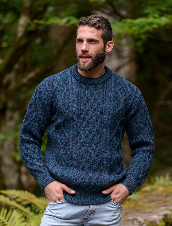 Mens Aran crew neck sweater Irish wool sweater Heavyweight Aran