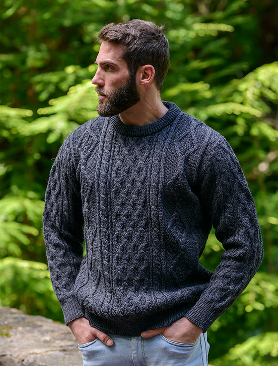 M​e​ns Aran Crew Neck Sweater - Charcoal