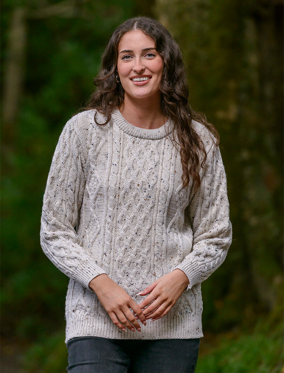 W​om​ens Aran C​r​ew N​eck Sweater - White with  fleck