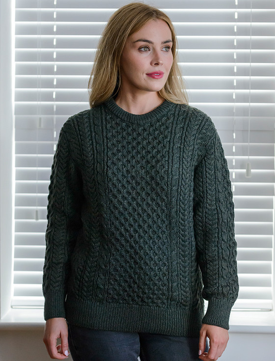 Ladies Merino Aran Sweater - Army Green