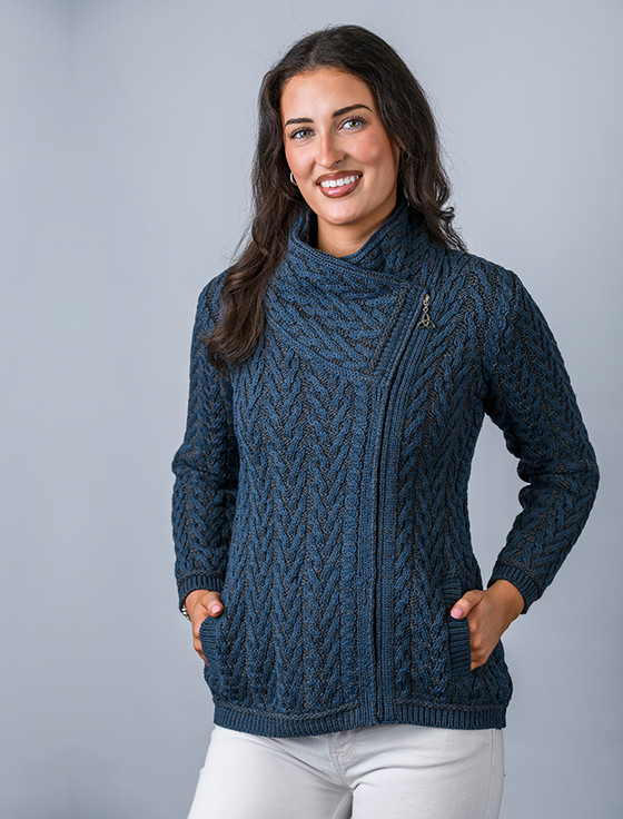Herringbone Side Zip Cardigan - Blue