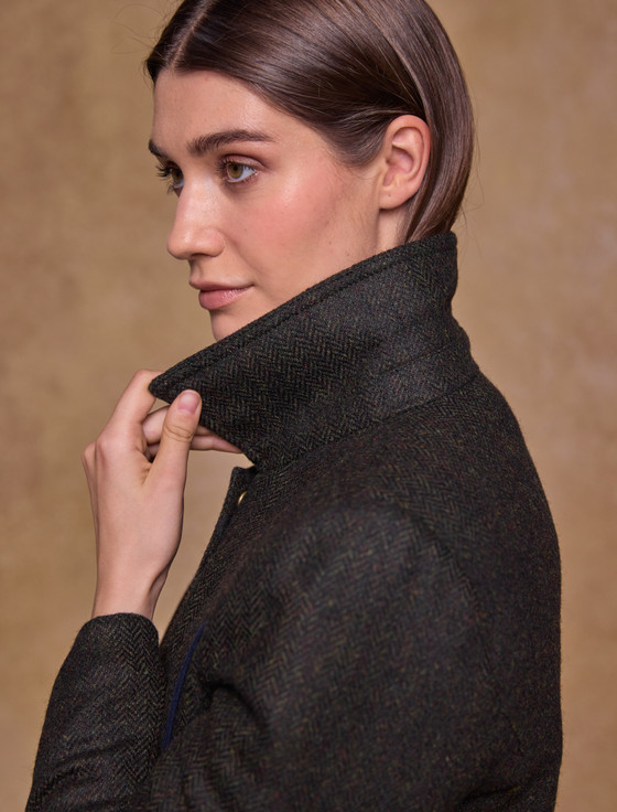 Aine Tweed Coat - Deep Green Herringbone
