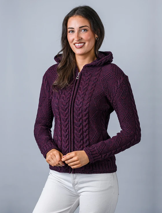 Aran Cable Knit Hooded Cardigan - Dark Berry