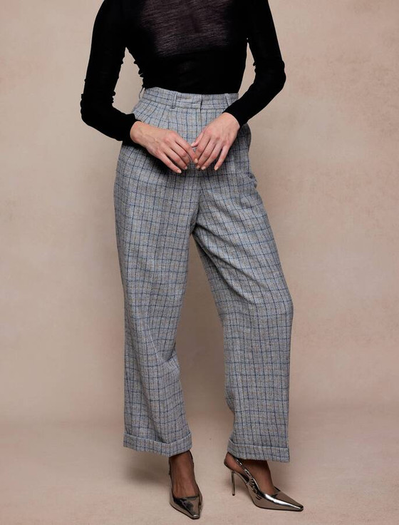 Faye Tweed Trousers - Stone Blue Check