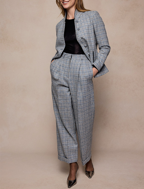 Faye Tweed Trousers - Stone Blue Check