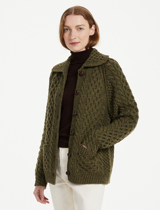 Honeycomb Handknit Cardigan - Moss Green