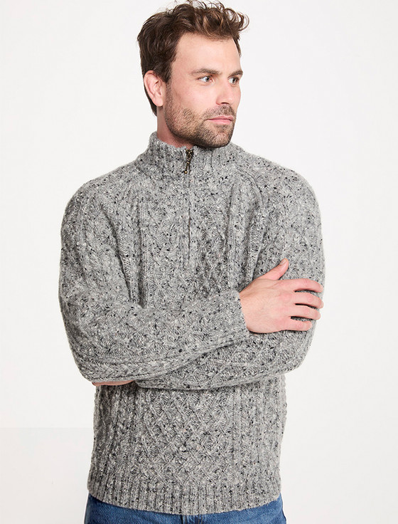 Donegal Aran Troyer Half-Zip Sweater - Silver