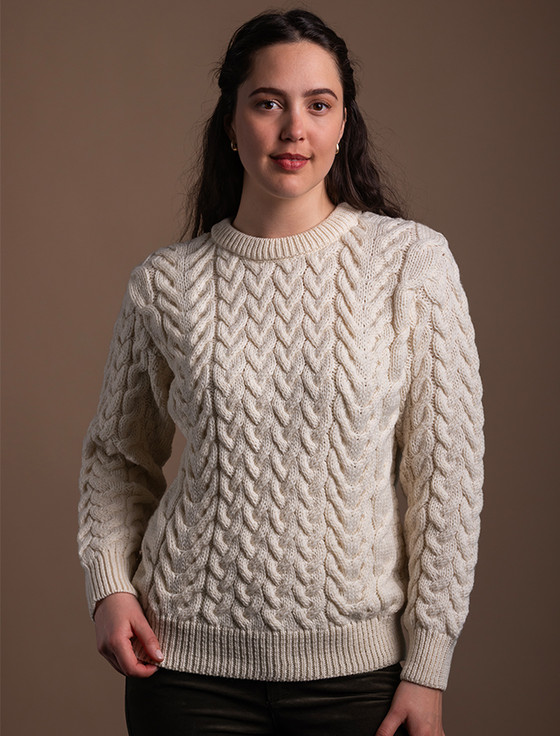 Aran Cable Crew Neck Sweater - Natural White