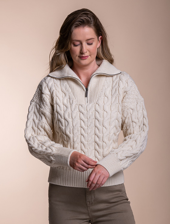 Chunky Knit Cropped Aran Troyer - Natural White