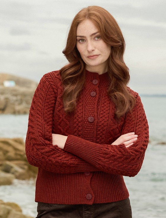 Women's Merino Wool Aran Cable Cardigan - Sienna