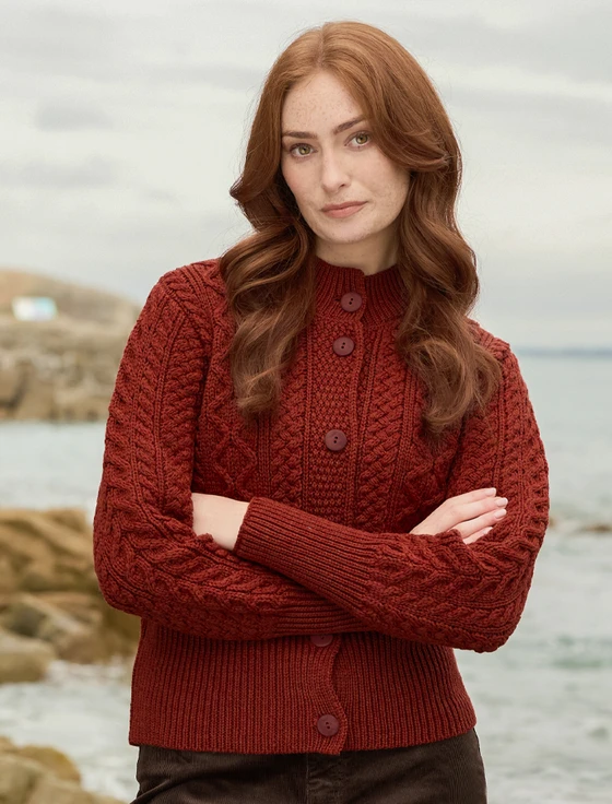 Women's Merino Wool Aran Cable Cardigan - Sienna
