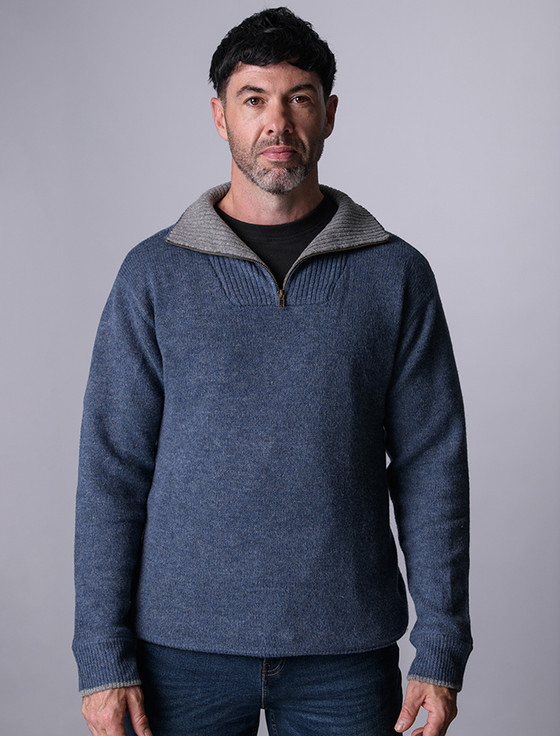 Mens Half Zip Wool Sweater -  Blue Stone