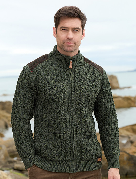 Men's Shoulder Patch Aran Sweater - Army Green