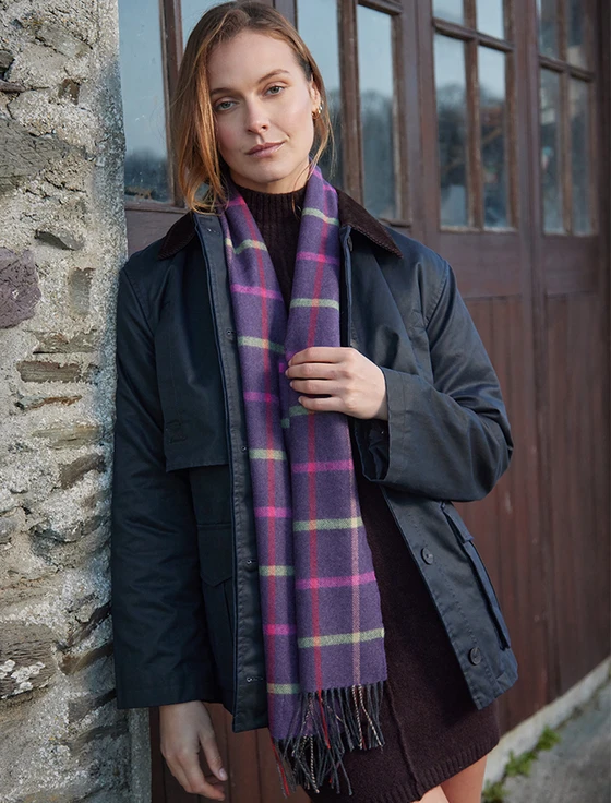 Fine Merino Plaid Scarf - Purple, Pink & Green