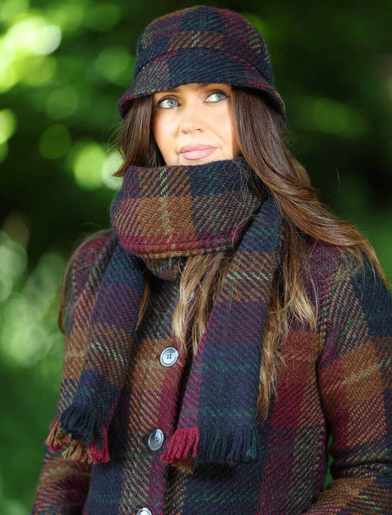 Wool Donegal Scarf - Navy Wine Tartan