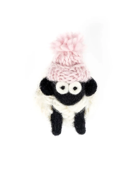 Standing Knitted Mountain Irish Sheep With Pink Bobble Hat Collectible