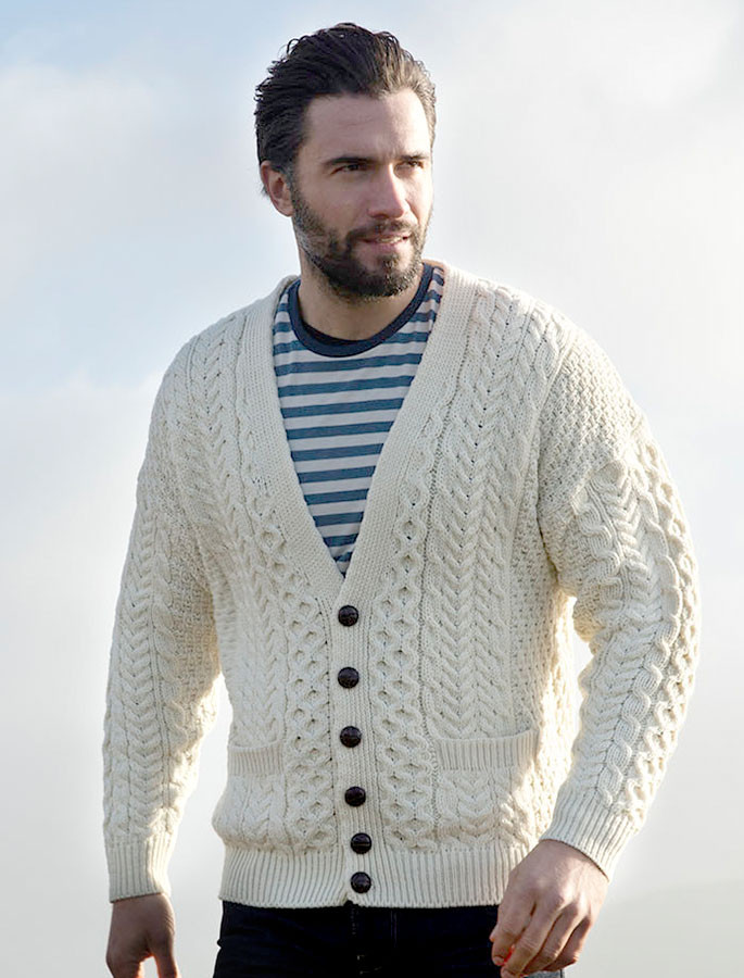 Mens V Neck Cable Knit Cardigan Silver