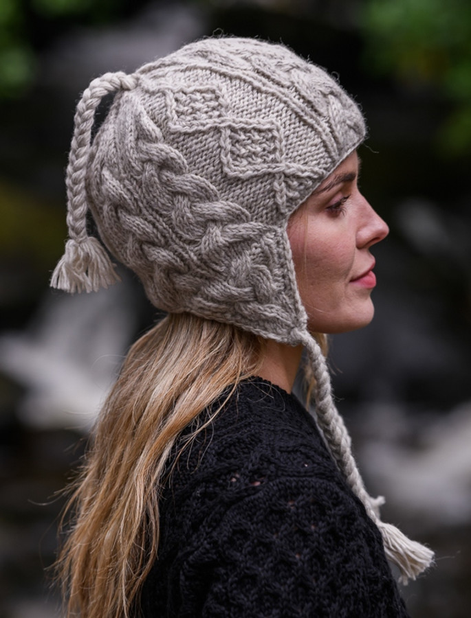 Aran Cable Fleece Lined Hat with Ear Flaps