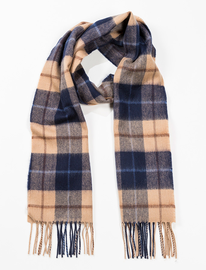 Beige Navy Fine Merino Plaid Scarf, 100% wool scarf