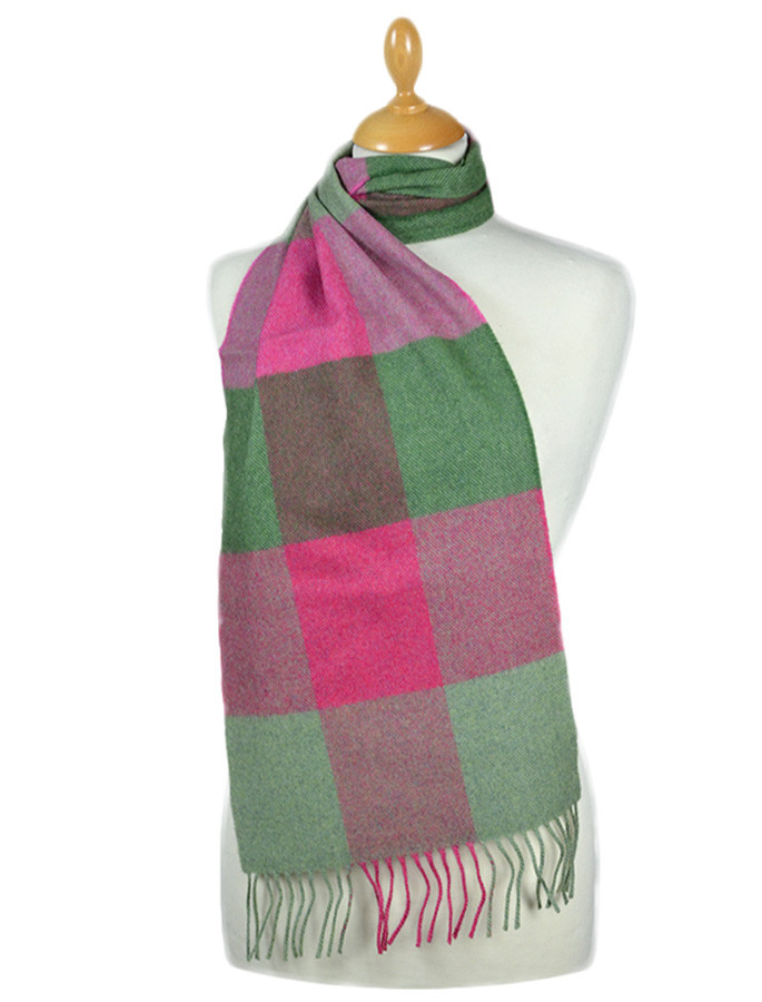 Pink Green Check Fine Merino Scarf, 100% wool scarf