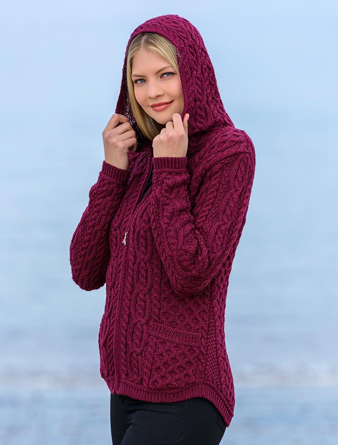 Cable Knit Hoodie with Celtic Knot Zipper Pull