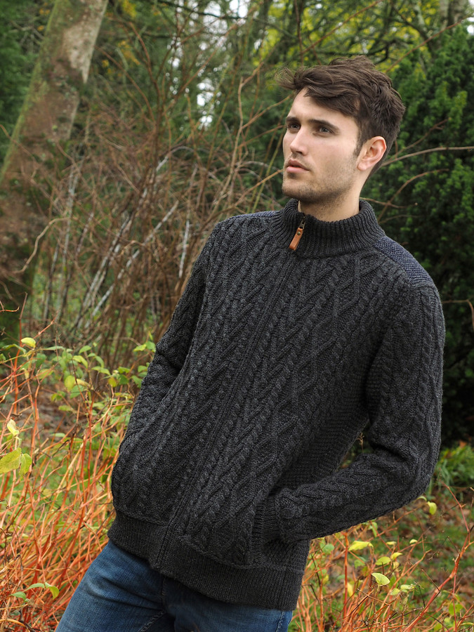 Full Zip Aran Cardigan with Patches | Aran Sweater Market