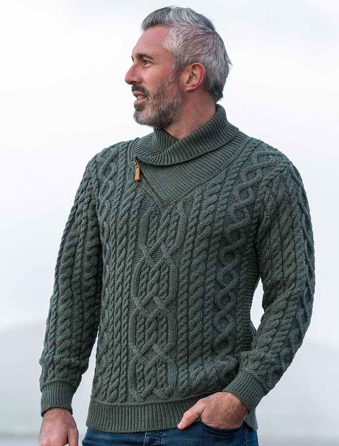 Aran Zip Shawl Neck Sweater | Aran Sweater Market
