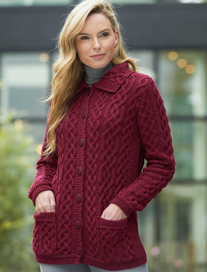 Women's 100% Merino Wool Aran Cardigan Sweater - Irish Knit Button Front (XX-Large)