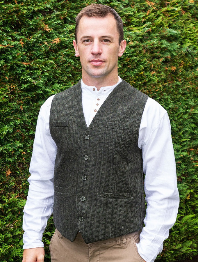 Tweed Herringbone Waistcoat - Olive