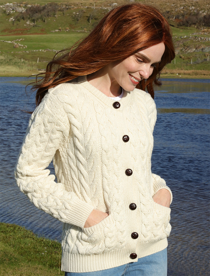 Ladies Aran Cardigan – 100% Merino Wool White Extra Large Irish Knit Cable Sweater