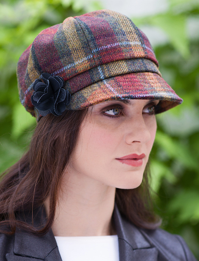 Ladies Tweed Newsboy Hat - Green Rust Plaid | Mucros Weavers