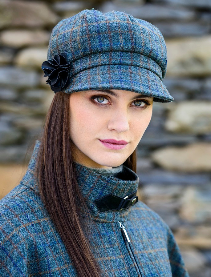 Ladies Tweed Newsboy Hat - Green Navy 